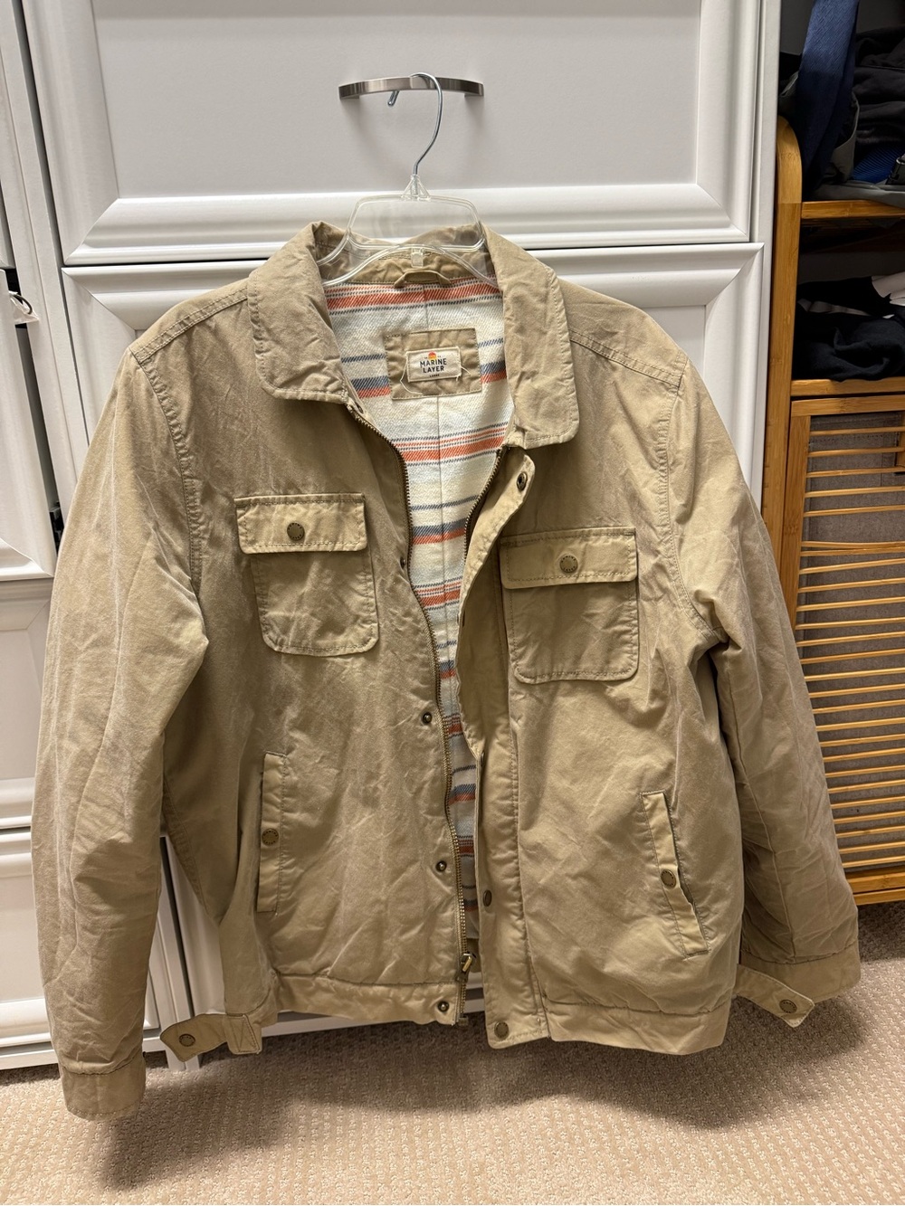Marine Layer Men's Khaki Tan waxed Jacket with blanket Liner